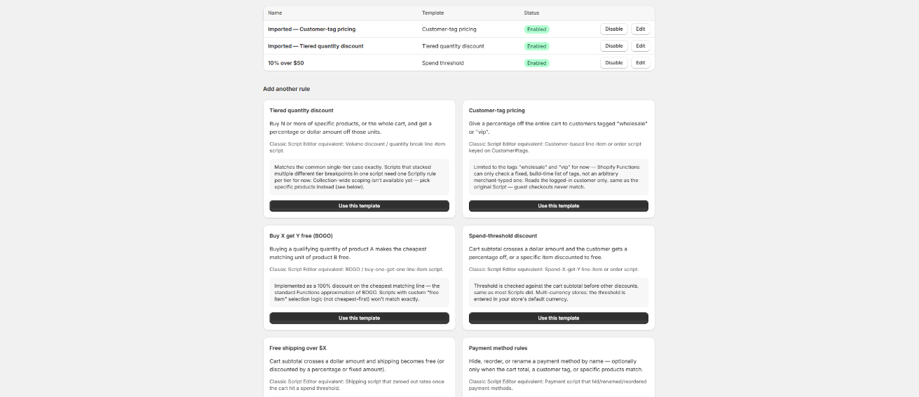 Scriptly rule list showing imported discount rules mapped from an old Shopify Script, all enabled and running as Shopify Functions
