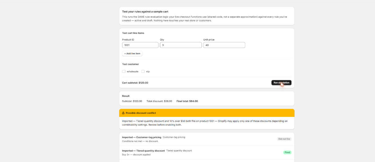 Scriptly simulator running a test cart against active rules, showing subtotal, discounts applied, and a possible discount conflict warning